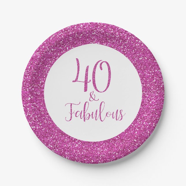 40 & Fabulous Birthday Pink Glitter Paper Plate (Front)