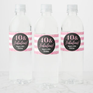 40 & Fabulous Birthday Pink Glitter Stripes Water Bottle Label