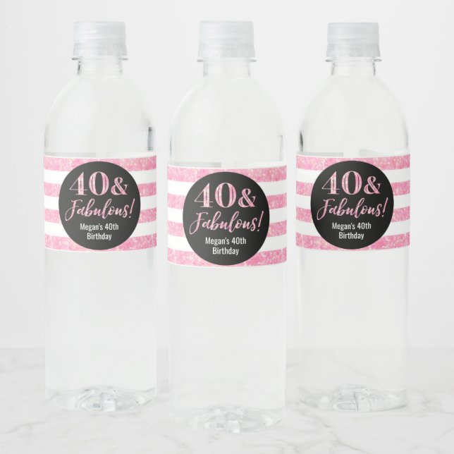 40 & Fabulous Birthday Pink Glitter Stripes Water Bottle Label (Bottles)