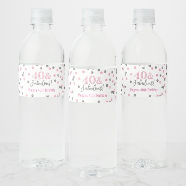40 & Fabulous Birthday Pink Silver Confetti Water Bottle Label (Bottles)
