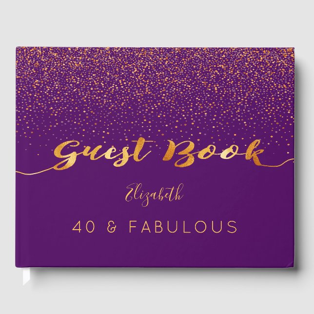 40 Fabulous birthday purple gold confetti Guest Book (Front)