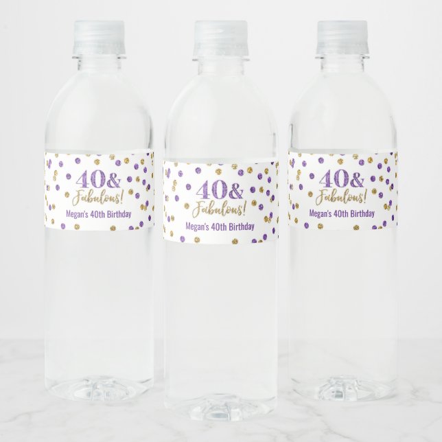 40 & Fabulous Birthday Purple Gold Confetti Water Bottle Label (Bottles)