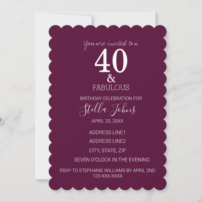 40 Fabulous Birthday Purple Scallopped Edge Custom Invitation (Front)