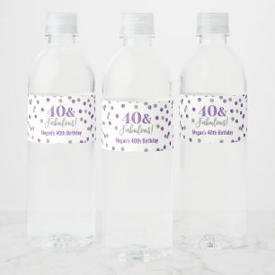40 & Fabulous Birthday Purple Silver Confetti Water Bottle Label