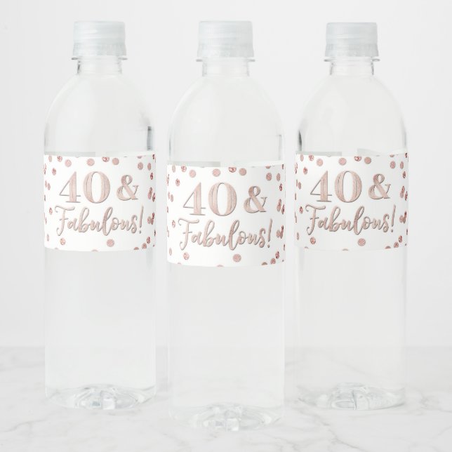 40 & Fabulous Birthday Rose Gold Confetti Water Bo Bottle Label (Bottles)