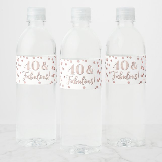 40 & Fabulous Birthday Rose Gold Confetti Water Bo Water Bottle Label (Bottles)