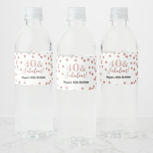 40 & Fabulous Birthday Rose Gold Confetti Water Bottle Label (Bottles)