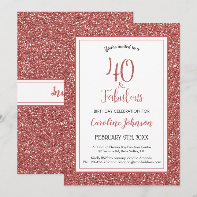 40 & Fabulous Birthday Rose Gold Glitter Invitation (Front/Back)