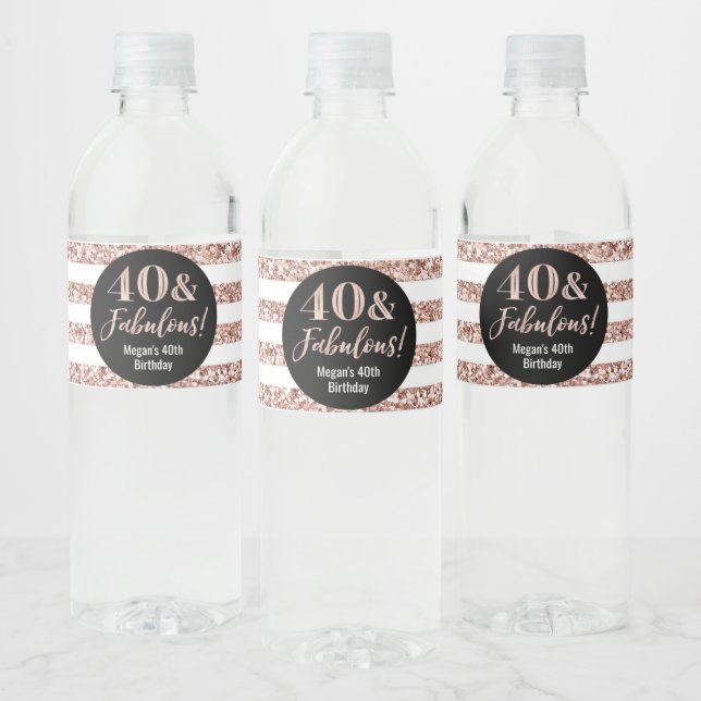 40 & Fabulous Birthday Rose Gold Glitter Stripes Water Bottle Label (Bottles)