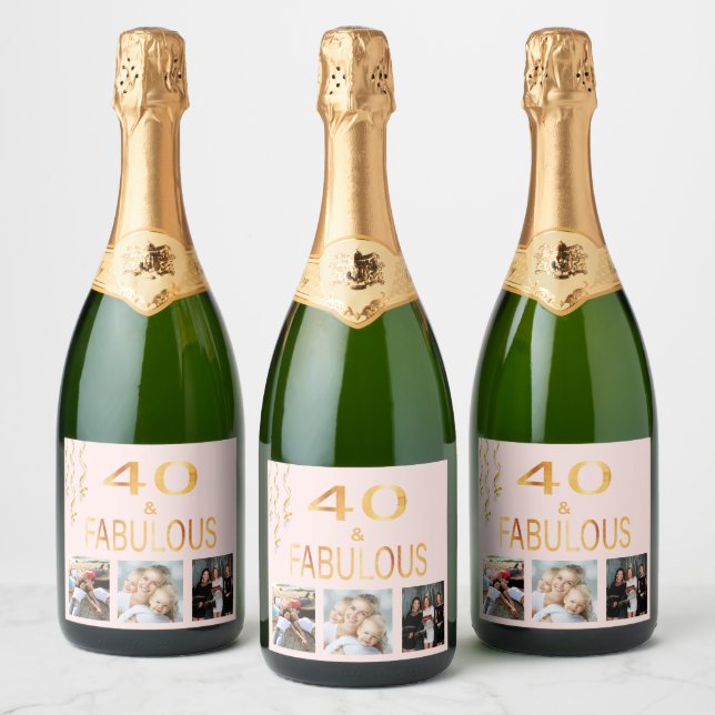40 fabulous birthday rose gold photo sparkling wine label (Bottles)