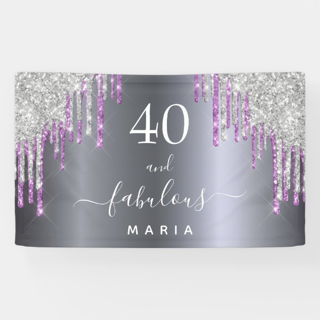 40 fabulous birthday silver purple glitter glam banner (Horizontal)