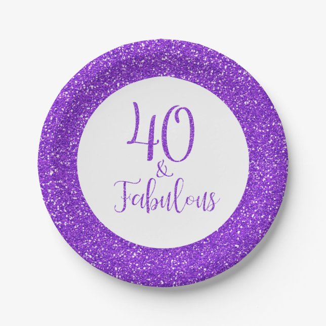40 & Fabulous Birthday Sparkly Purple Glitter Paper Plate (Front)