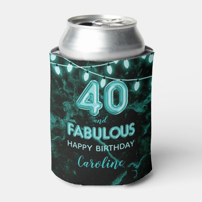 40 & Fabulous Birthday Teal Black Balloon Lights Can Cooler (Can Front)