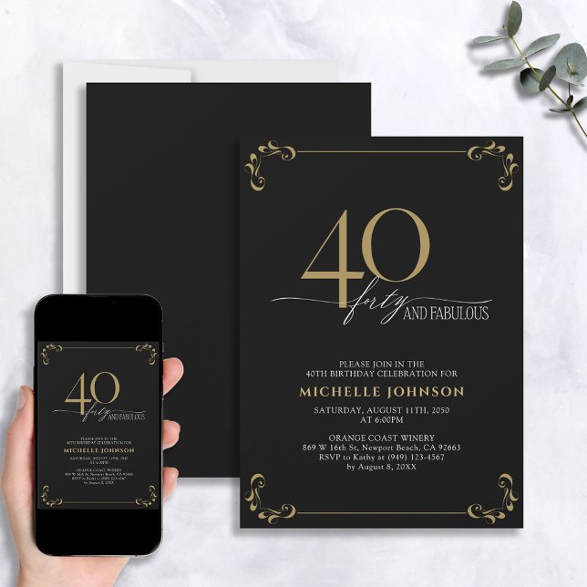 40 & Fabulous Black & Gold Calligraphy Birthday In Invitation (Creator Uploaded)