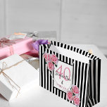 40 fabulous black white stripes pink florals large gift bag<br><div class="desc">Classic slim black and white vertical stripes as background. With girly, feminine and romantic pink flowers, roses as decoration. Perfect for an elegant 40th birthday party for her. With the text: 40 and Fabulous. A white and black frame with templates for name and age. Age number 40 in pink, name...</div>