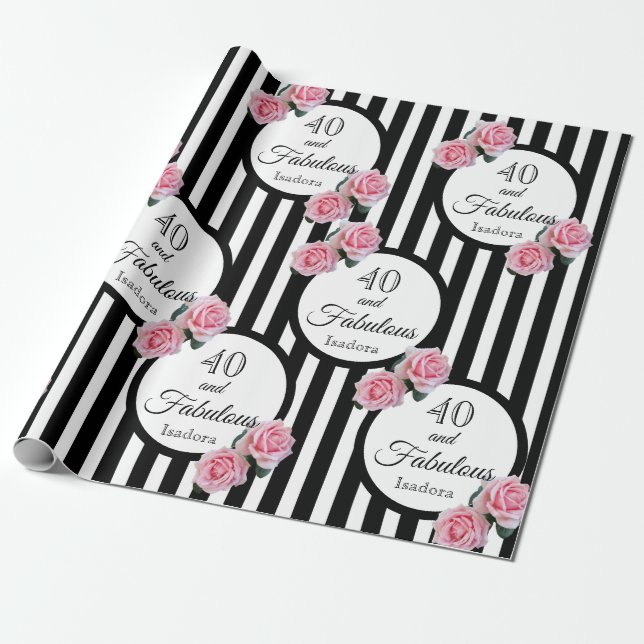 40 fabulous chic pink roses black white stripes wrapping paper (Unrolled)