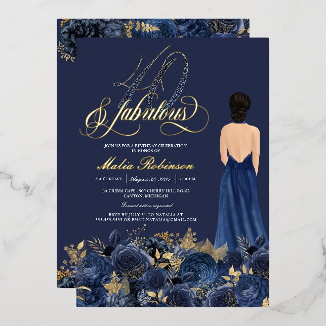 40 & Fabulous Elegant Blue & Gold Birthday Real (Front/Back)