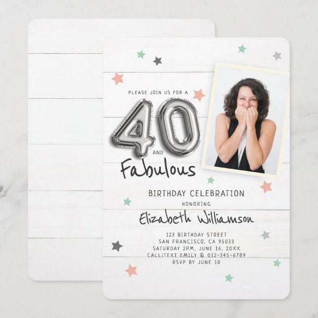 40 & Fabulous Foil Balloon Stars Photo Birthday Invitation (Front/Back)