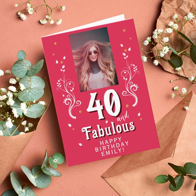 40 & Fabulous Foliage Magent 40th Birthday Photo Card (Creator Uploaded)