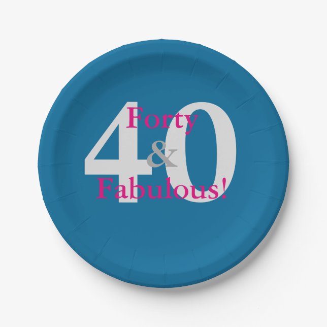 40 & Fabulous! Fun Custom Birthday Blue & Hot Pink Paper Plate (Front)