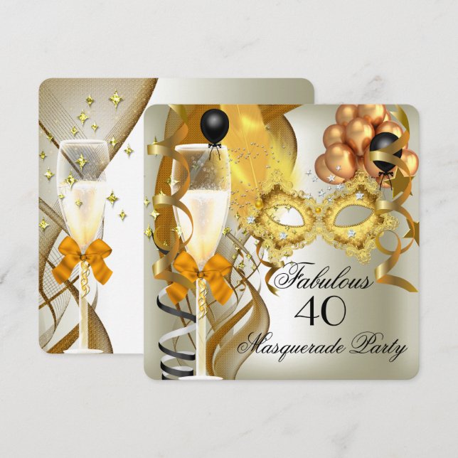 40 & Fabulous Gold Cream Black Masquerade Party Invitation (Front/Back)