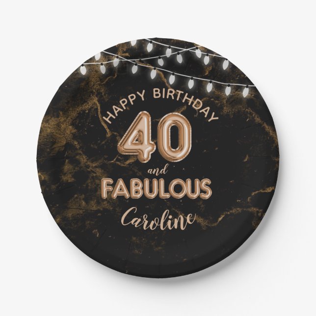 40 & Fabulous Gold Foil Balloons & String Lights Paper Plate (Front)