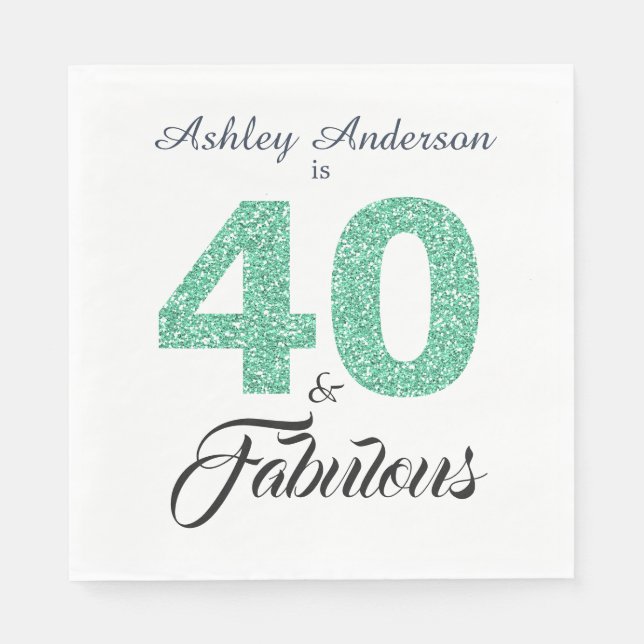 40 Fabulous Green Glitter 40th Birthday Party Napkin (Front)