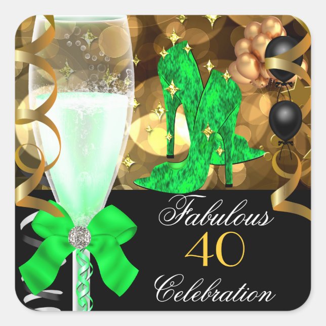 40 & Fabulous Lime Green Black Gold Birthday Party Square Sticker (Front)
