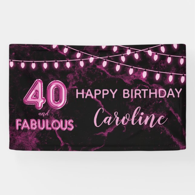 40 & Fabulous Pink & Black Balloon Lights Birthday Banner (Horizontal)