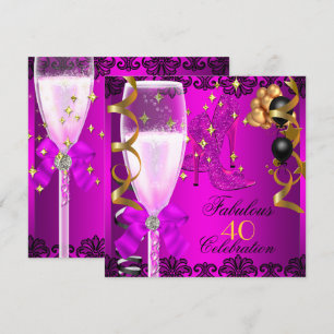 40 Fabulous Pink Black Gold 40th Champagne Party Invitation