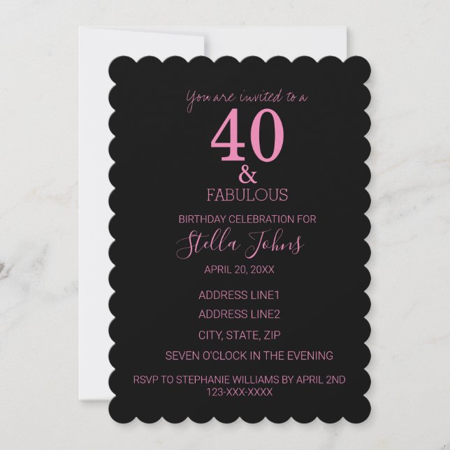 40 Fabulous Pink Black Scallopped Birthday Trendy Invitation (Front)