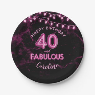 40 & Fabulous Pink Foil Balloons & String Lights Paper Plate