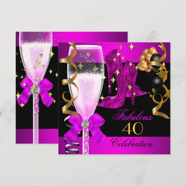 40 Fabulous Pink Purple Gold 40th Birthday Party Invitation (Front/Back)