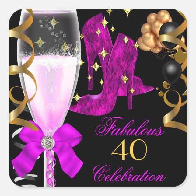 40 & Fabulous Pink Purple Gold Birthday Shoes Square Sticker (Front)