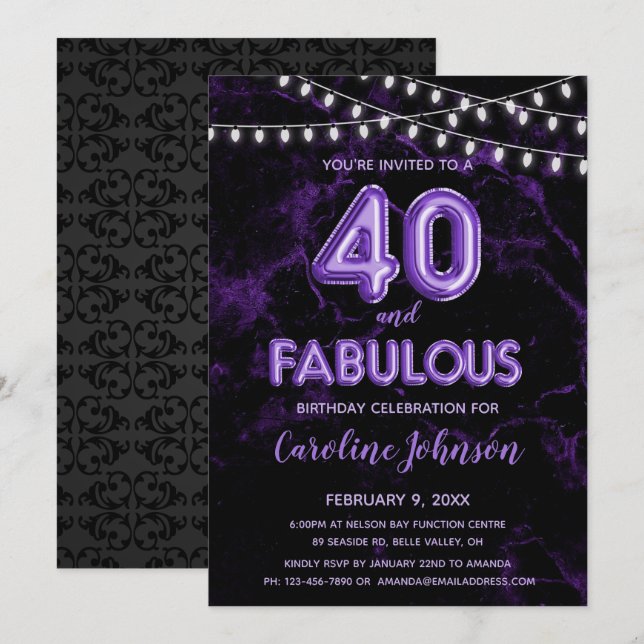 40 & Fabulous Purple Balloon Birthday Invitations (Front/Back)