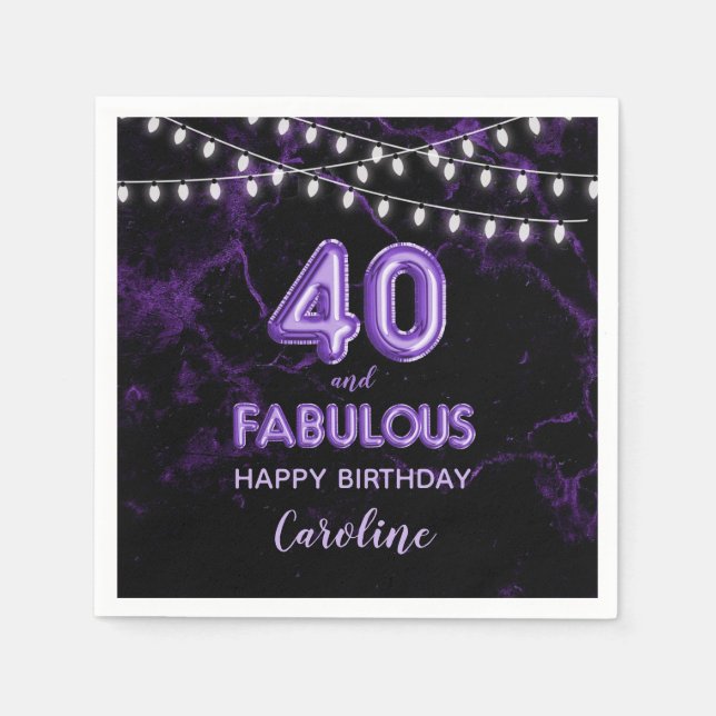 40 & Fabulous Purple Foil Balloons & String Lights Napkin (Front)