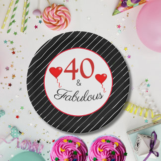 40 & Fabulous Red 40th Birthday Black White Stripe Paper Plate