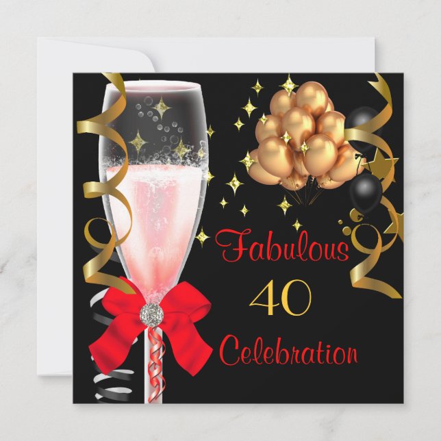 40 & Fabulous Red Black Gold Birthday Party Invitation (Front)