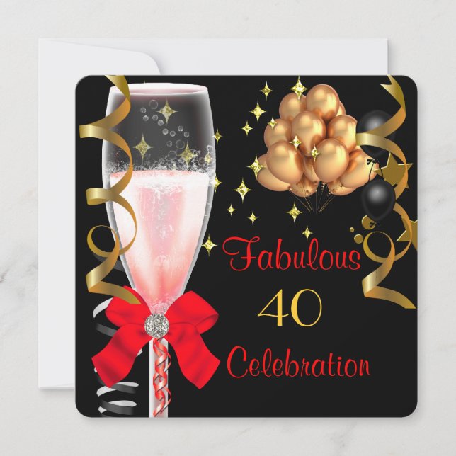 40 & Fabulous Red Black Gold Birthday Party Invitation (Front)