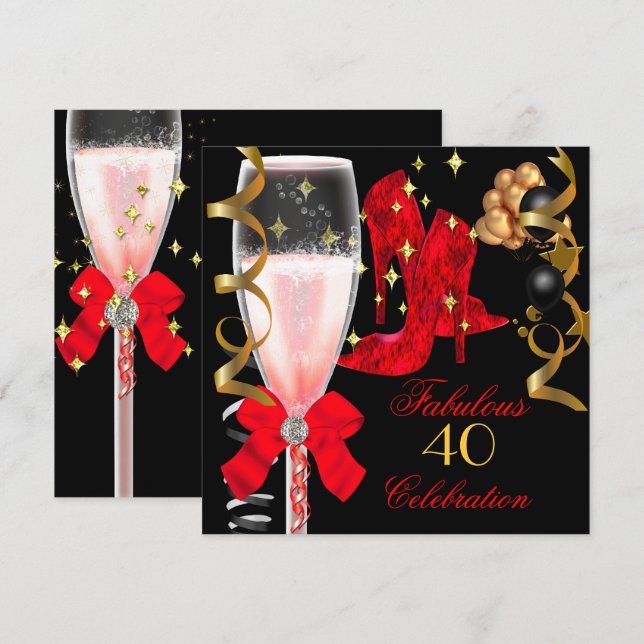 40 & Fabulous Red Black Gold Birthday Shoes Invitation (Front/Back)