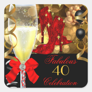 40 Fabulous Red Black Gold Birthday Shoes Square Sticker