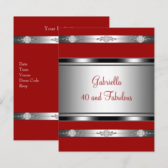 40 & Fabulous Red Silver Jewel Trim Birthday Party Invitation (Front/Back)