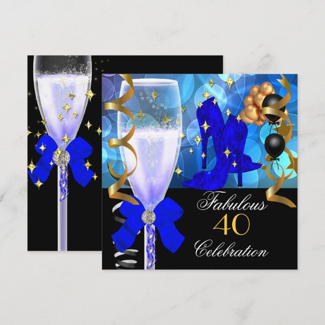 40 & Fabulous Royal Blue Black Gold Birthday Party Invitation (Front/Back)