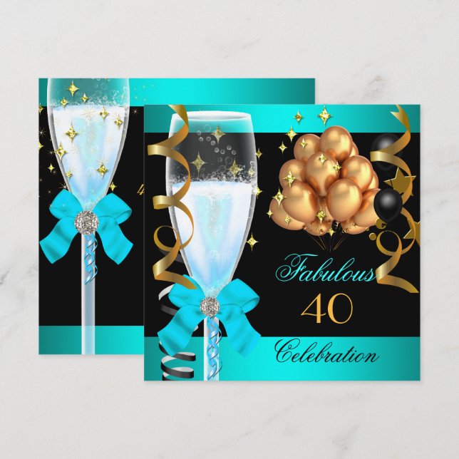 40 Fabulous Teal Blue Gold 40th Birthday Party Invitation (Front/Back)