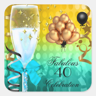 40 & Fabulous Teal Blue Gold Birthday Champagne Square Sticker
