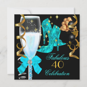 40 & Fabulous Teal Blue Gold Birthday Shoes Invitation