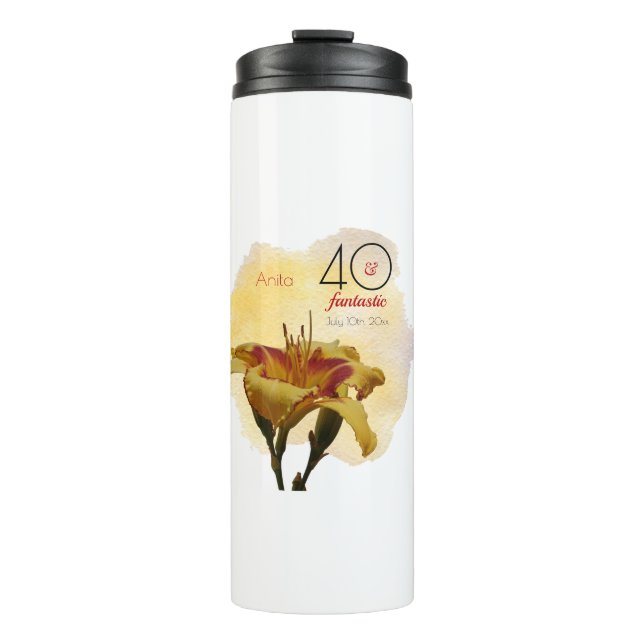 40 & Fantastic Birthday Yellow & Red Daylily Thermal Tumbler (Front)
