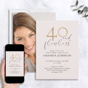 40 & Flawless Blush Pink & Gold Photo Birthday Invitation
