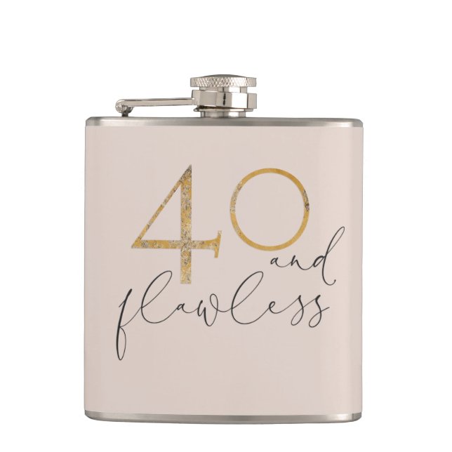 40 & Flawless Pink and Gold 40th Birthday Hip Flask (Front)