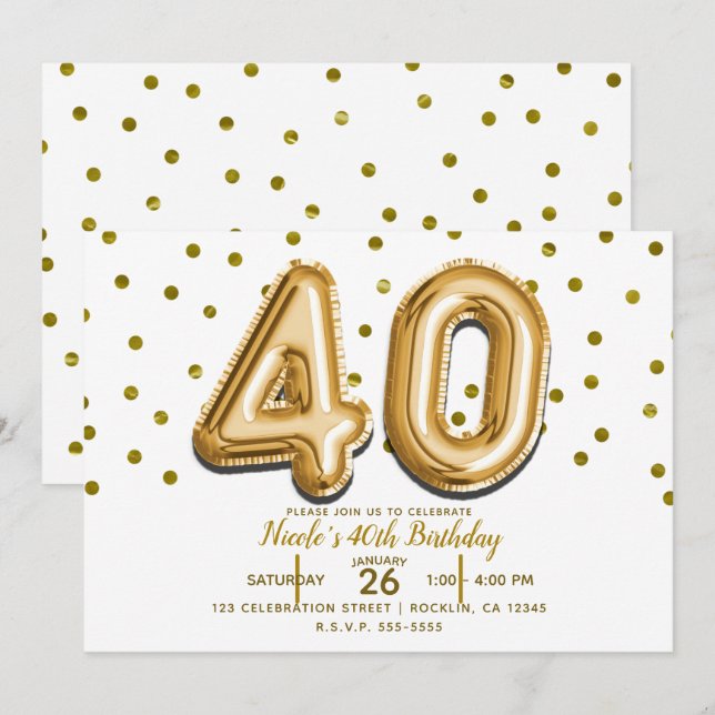 40 Gold Balloons & Confetti 40th Birthday Party Invitation (Front/Back)